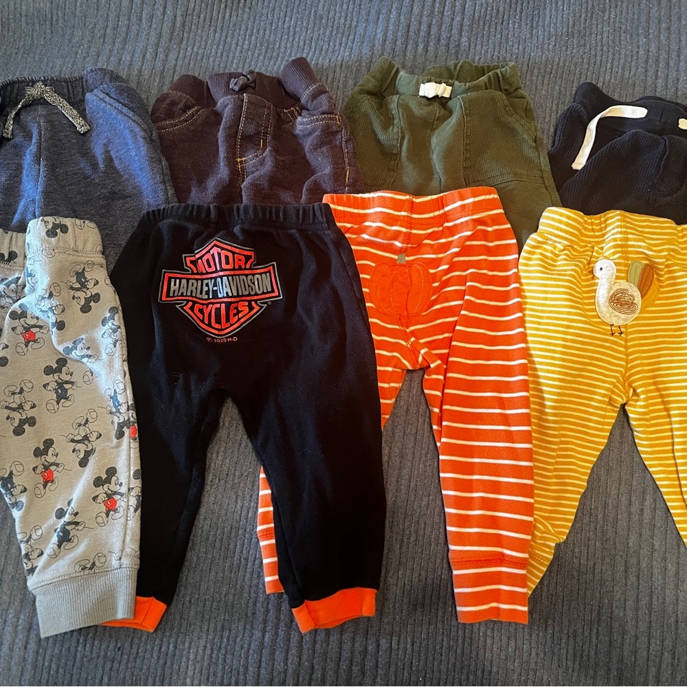 8 Pairs of 9-12 month pants - Harley-Davidson, Disney, Halloween & Thanksgiving